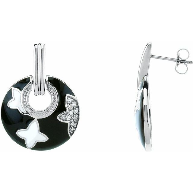 Diamond Earrings with Black & White Enamel
