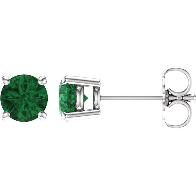 14K White 5 mm Lab-Grown Emerald Stud Earrings
