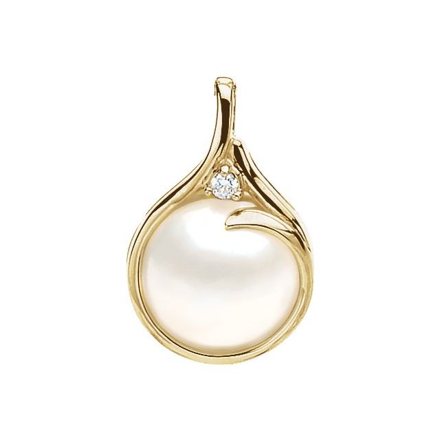 14K Yellow 15 mm Cultured White Mabé Pearl & .06 CTW Natural Diamond Pendant