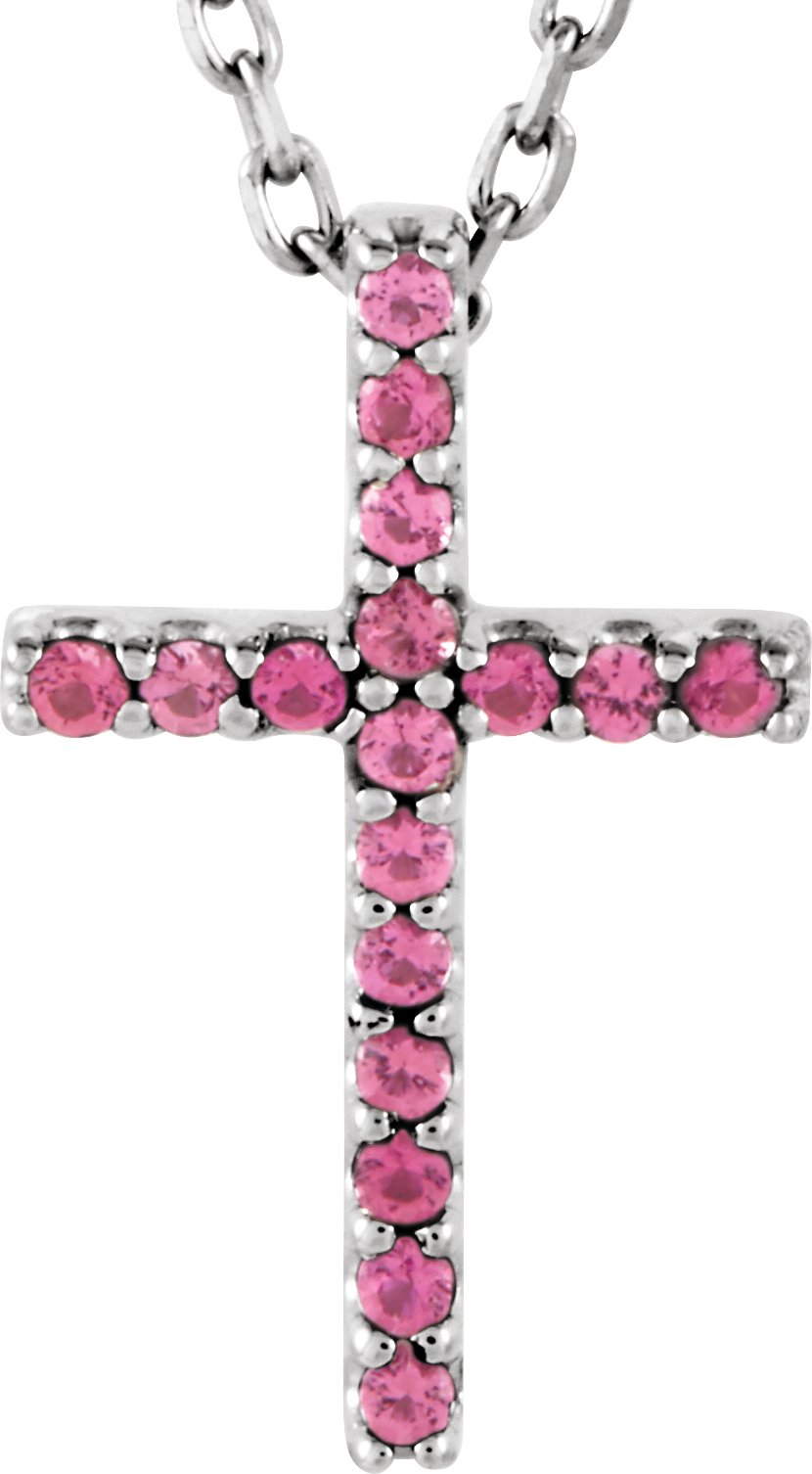 14K White Natural Pink Tourmaline Petite Cross 16