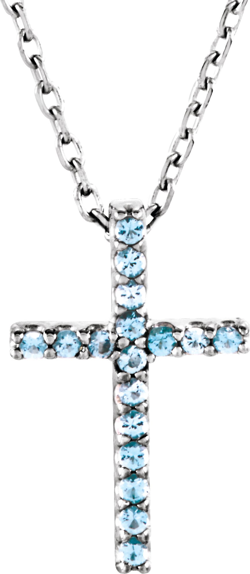 14K White Natural Aquamarine Petite Cross 16