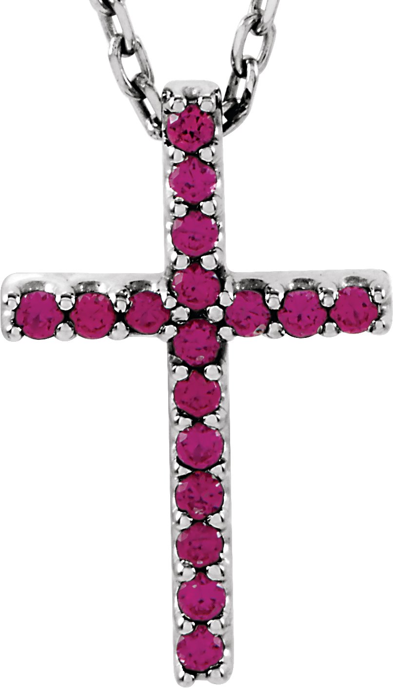 14K White Natural Ruby Petite Cross 16