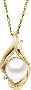 Cultured White Akoya Pearl And .025 CTW Natural Diamond Pendant – 14K Yellow Gold