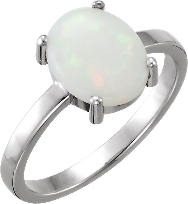 14K White 10x8 mm Oval Opal Cabochon Ring