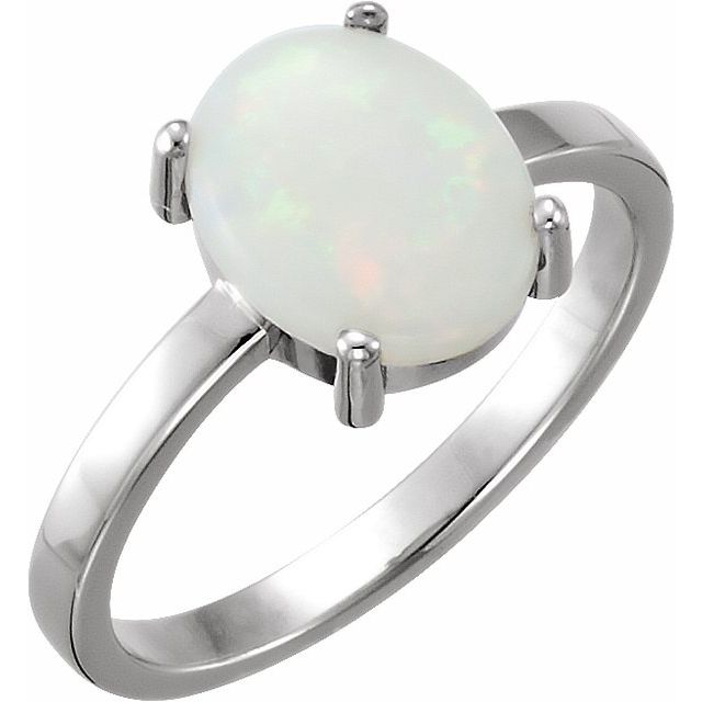 14K White 9x7 mm Oval Natural White Opal Cabochon Ring