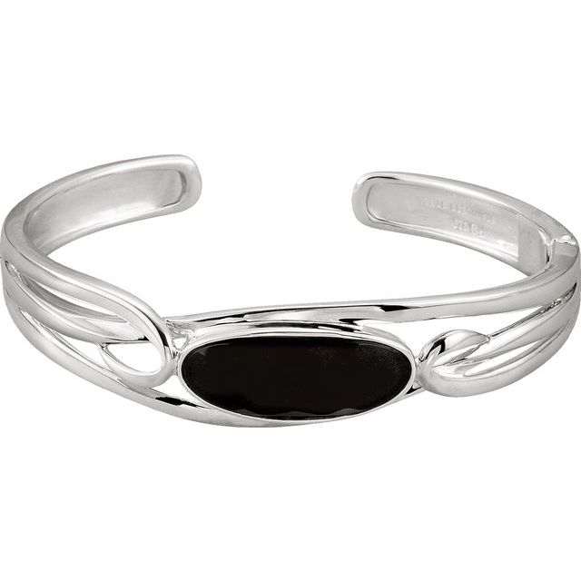 Sterling Silver Natural Black Onyx Hinged Cuff 6 1/2 Bracelet