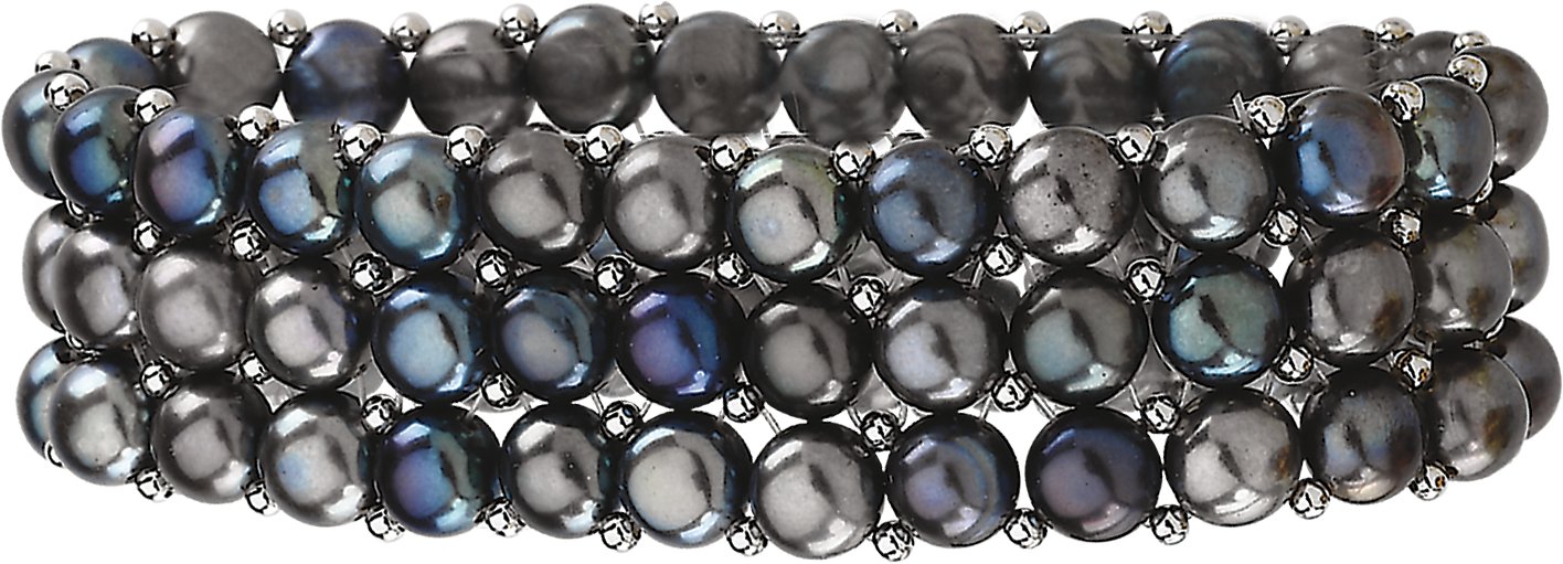 Sterling Silver Freshwater Cultured Black Pearl 3 Row Stretch Bracelet