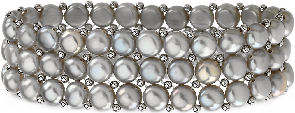 Sterling Silver Freshwater Cultured Grey Pearl 3 Row Stretch Bracelet