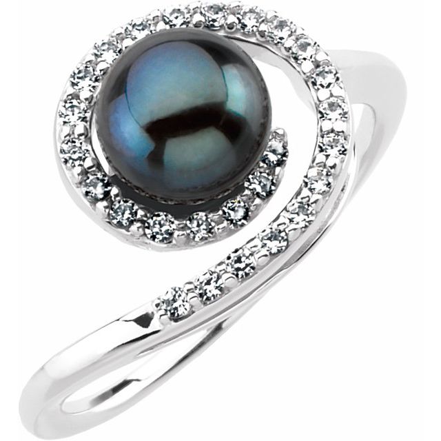 14K White Akoya Cultured Black Pearl & 1/4 CTW Diamond Ring
