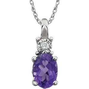 14K White Natural Amethyst & .02 CT Natural Diamond 18" Necklace