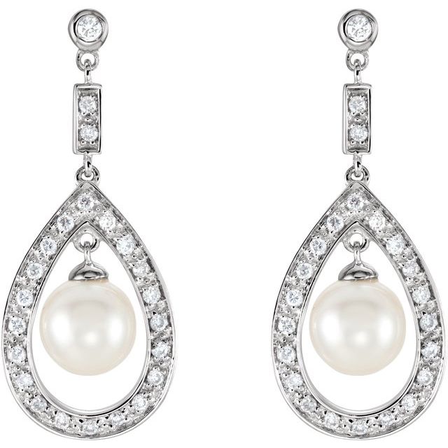14K White Cultured White Freshwater Pearl & 1/4 CTW Natural Diamond Earrings