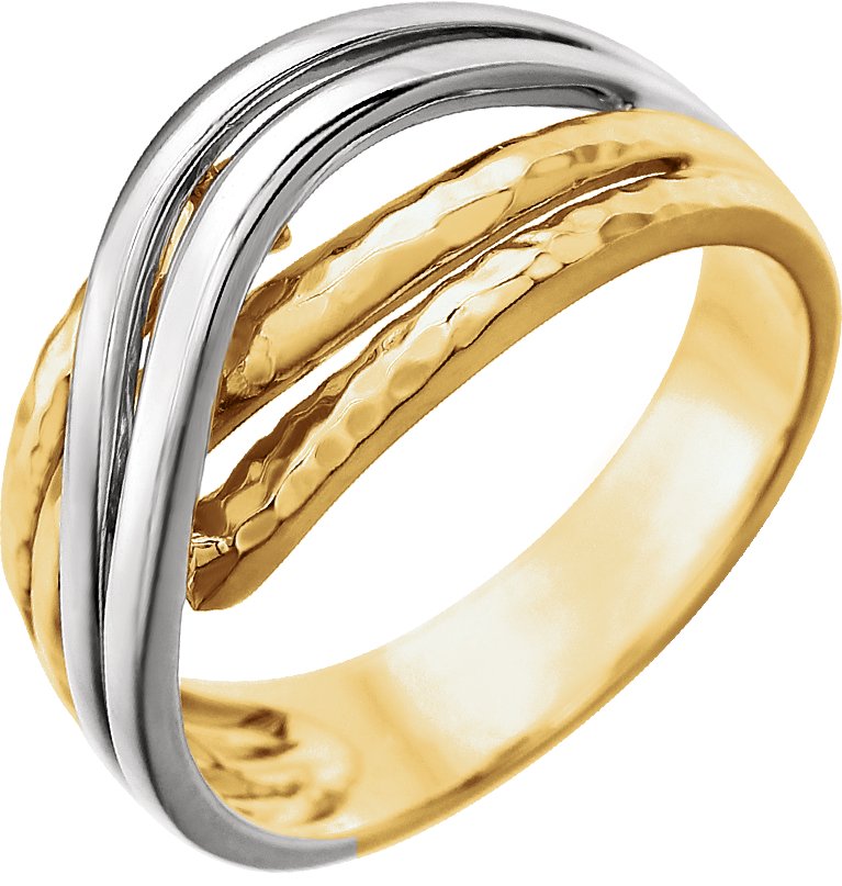 14K Yellow/White Rhodium-Plated Criss-Cross Hammered Ring