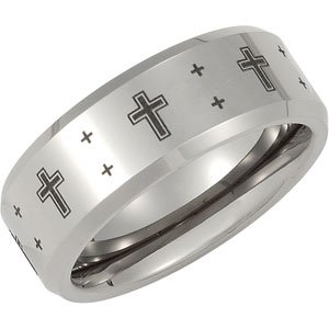 Tungsten 8.3 mm Beveled Band with Black Laser Crosses Size 7.5