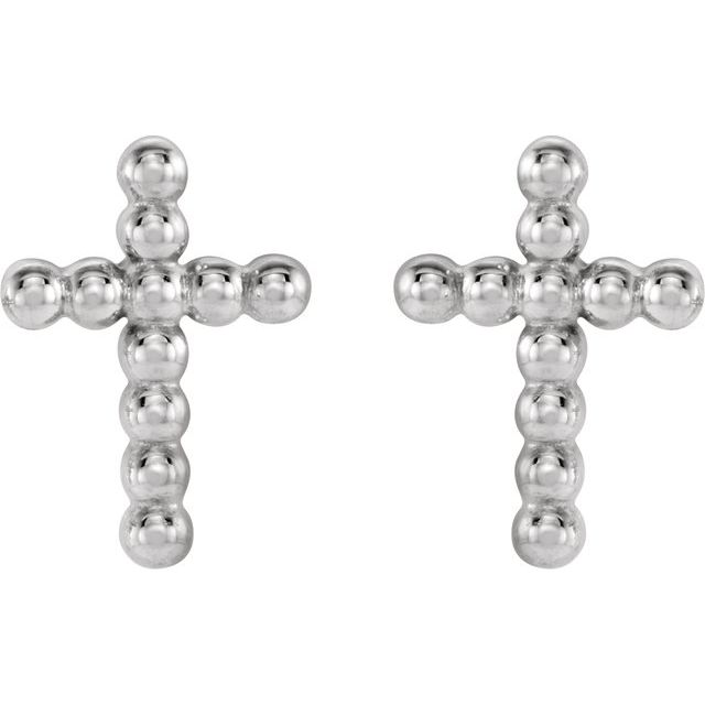14K White Beaded Cross Earrings