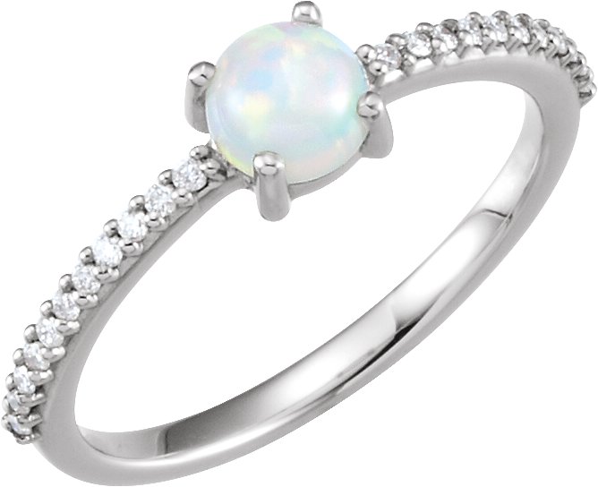 14K White 5 mm Round Cabochon Lab-Grown Opal & 1/8 CTW Diamond Ring