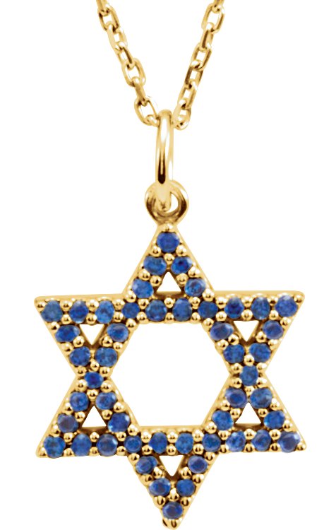 14K Yellow Natural Blue Sapphire Star of David 16" Necklace