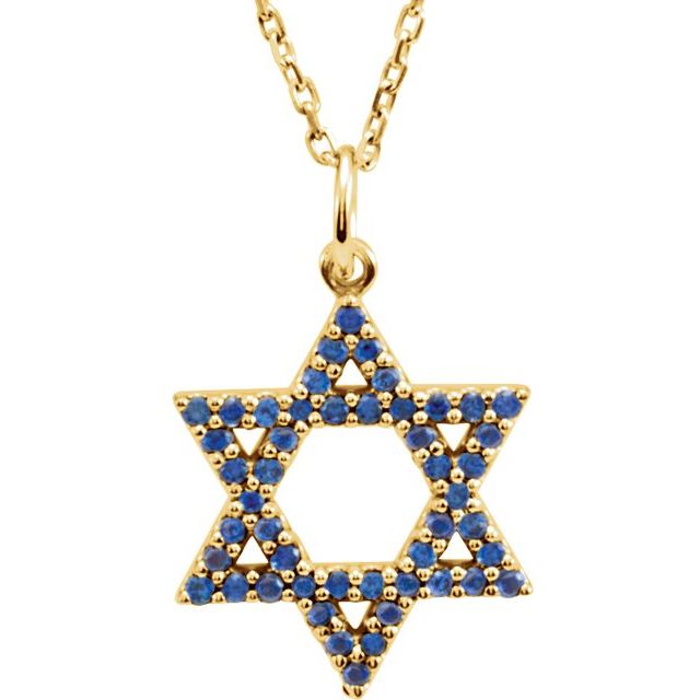 14K Yellow Natural Blue Sapphire Star of David 16" Necklace