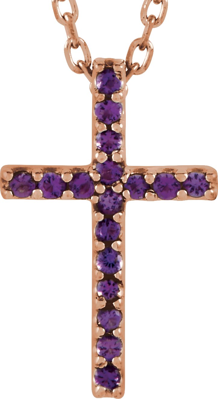 14K Rose Natural Amethyst Petite Cross 16