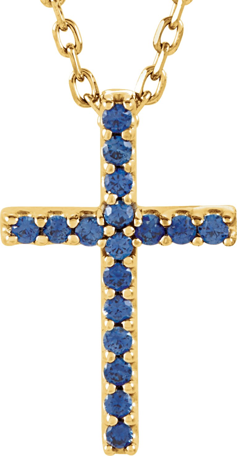 14K Yellow Natural Blue Sapphire Petite Cross 16