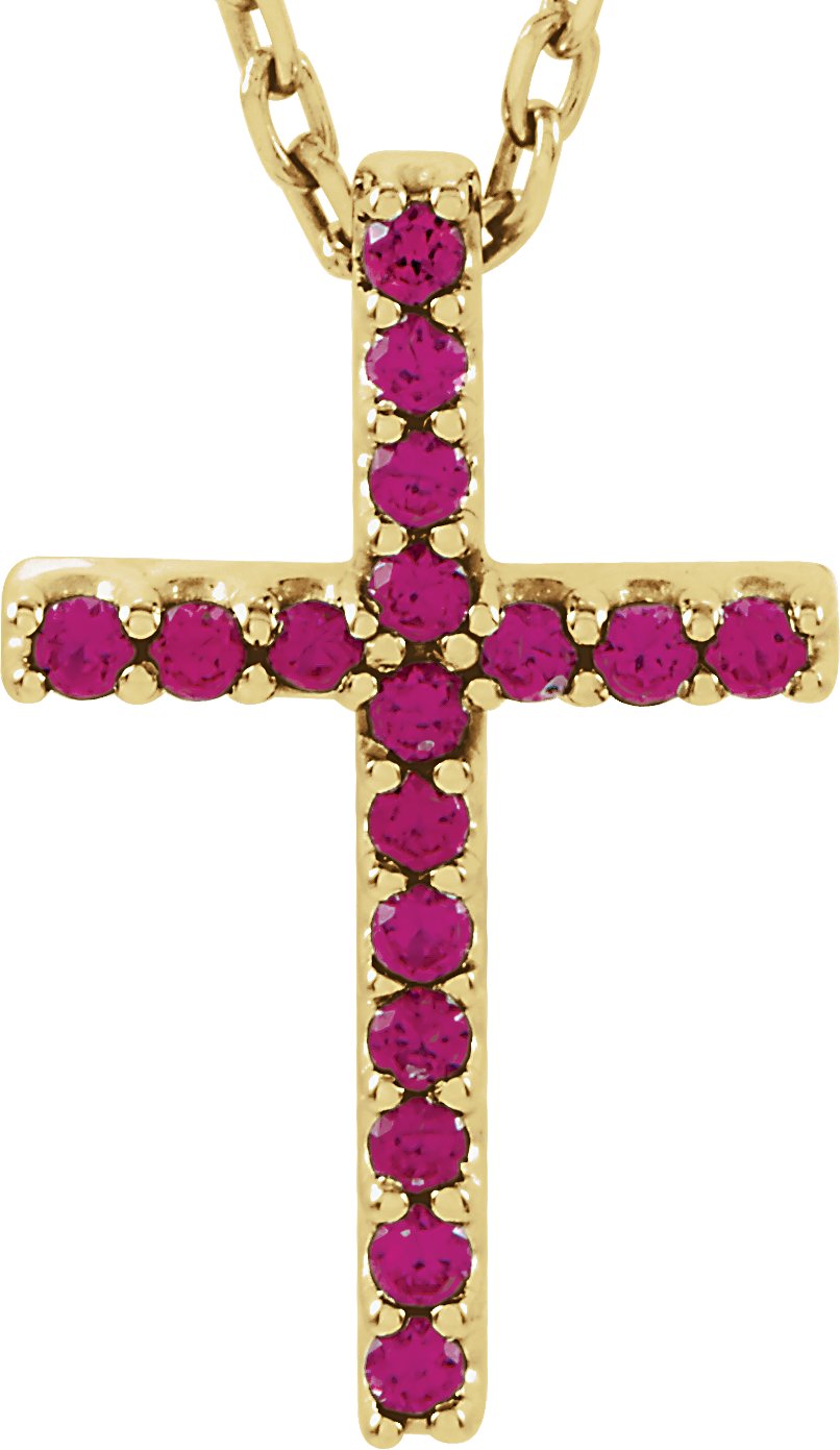 14K Yellow Natural Ruby Petite Cross 16