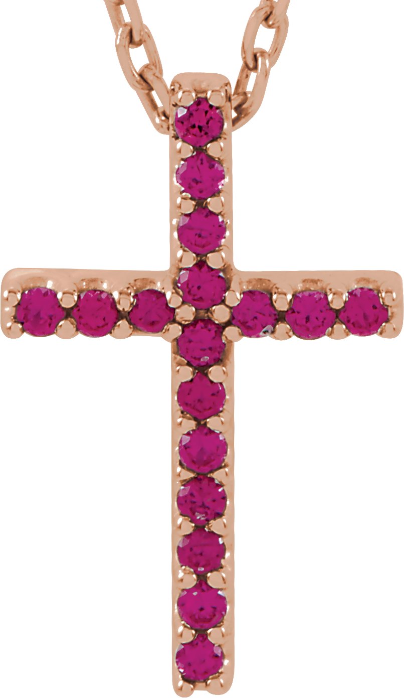 14K Rose Natural Ruby Petite Cross 16