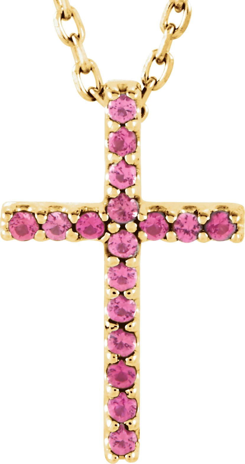 14K Yellow Natural Pink Tourmaline Petite Cross 16