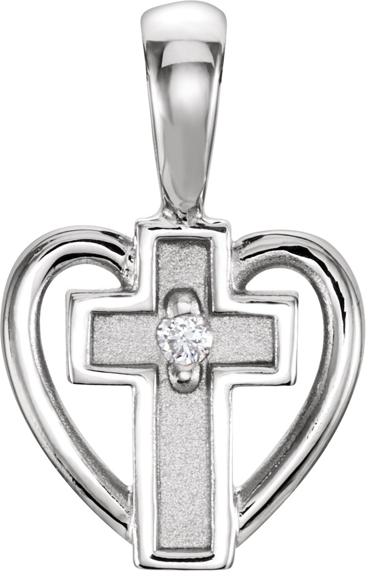 14K White .01 CT Natural Diamond Cross & Heart Pendant