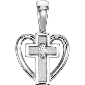14K White .01 CT Natural Diamond Cross & Heart Pendant