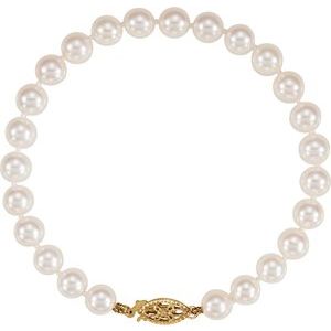 14K Yellow Cultured White Akoya Pearl 7" Bracelet
