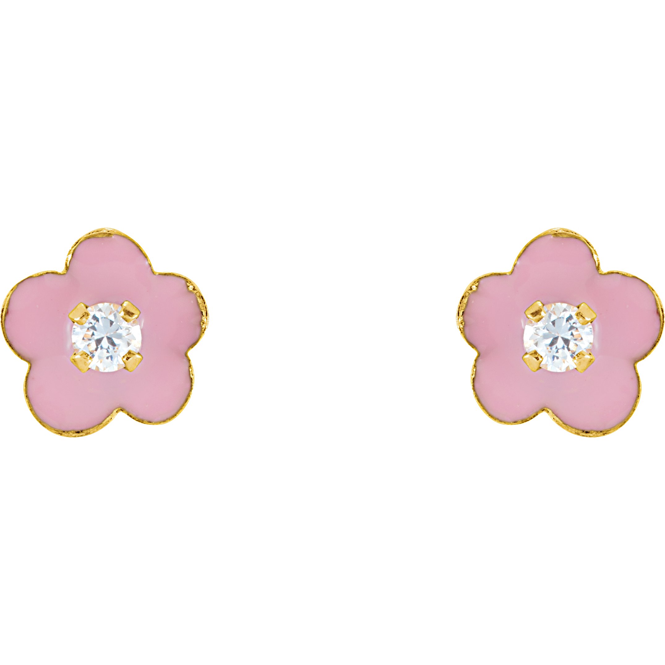 14K Yellow 2 mm Imitation White Cubic Zirconia & Pink Enamel Flower Youth Earrings