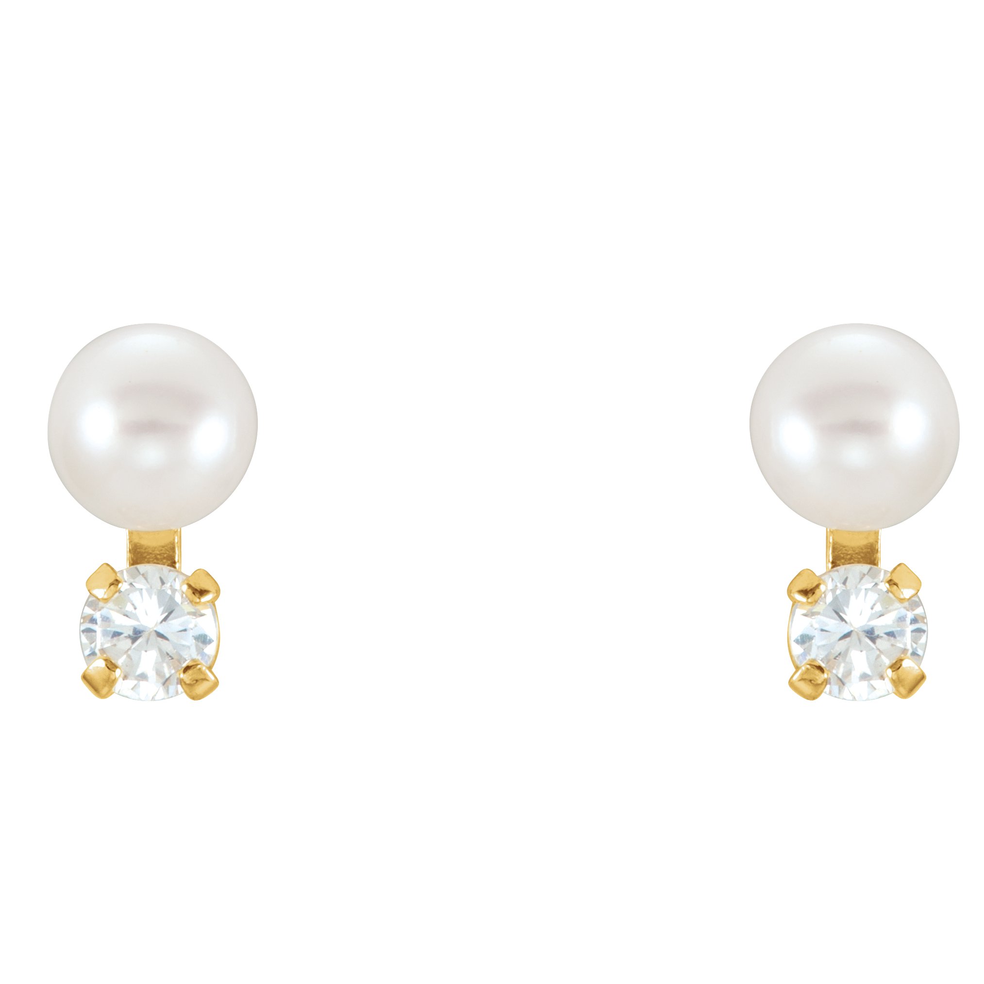 14K Yellow Cultured White Freshwater Pearl & Imitation White Cubic Zirconia Earrings