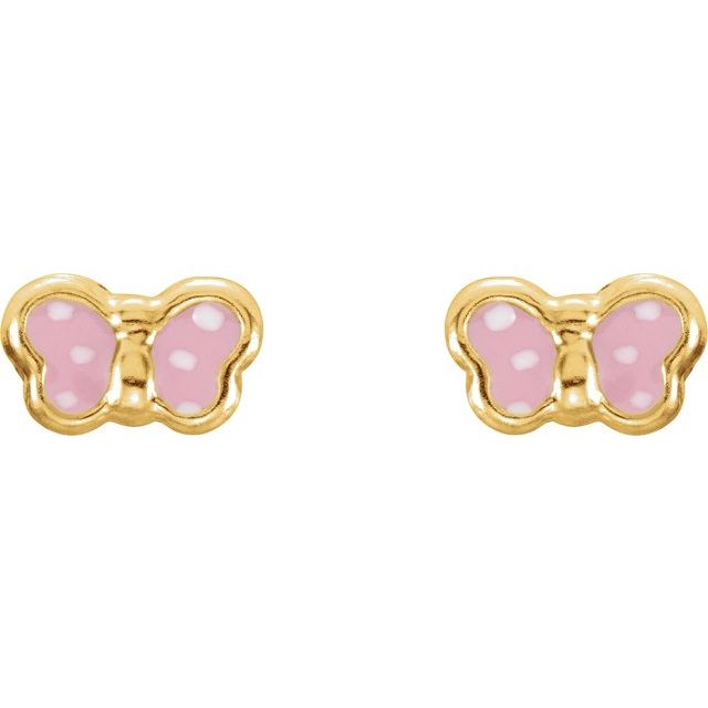 14K Yellow Pink Enamel Butterfly Earrings