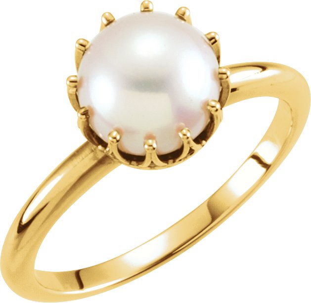 14K Yellow Cultured White Freshwater Pearl Crown Ring 