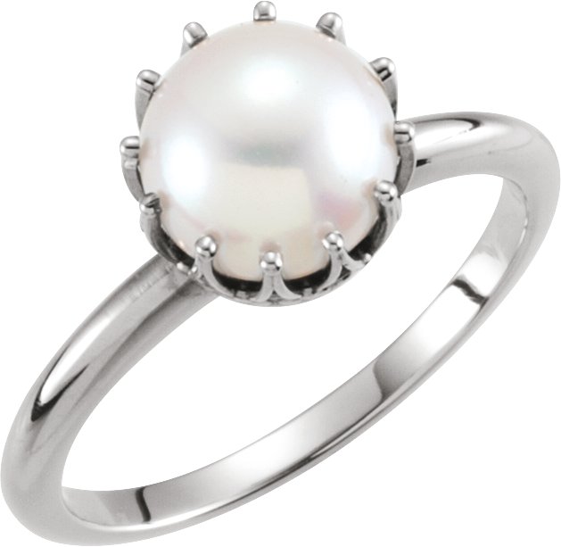 14K White Cultured White Freshwater Pearl Crown Ring 