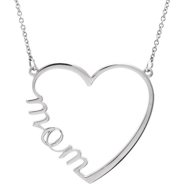 14K White "Mom" Heart 17" Necklace