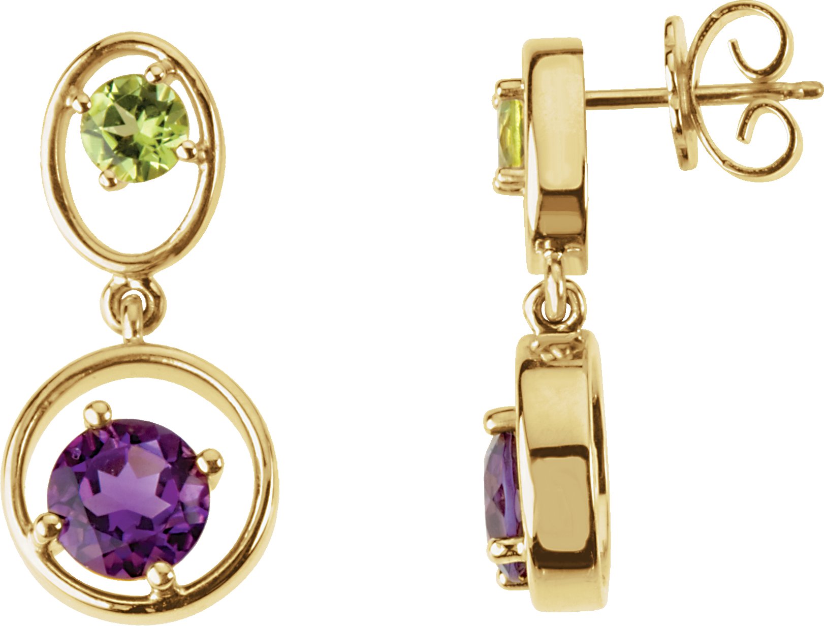Natural Amethyst And Natural Peridot Earrings – 14K Yellow Gold