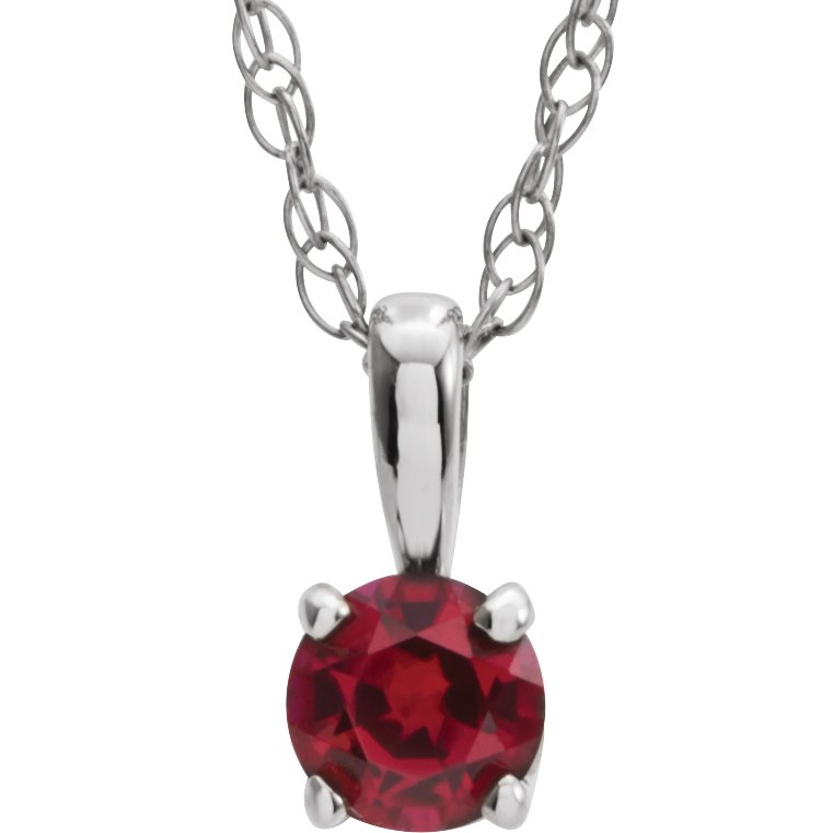 14K White 3 mm Round July Imitation Ruby Youth Birthstone 14" Necklace