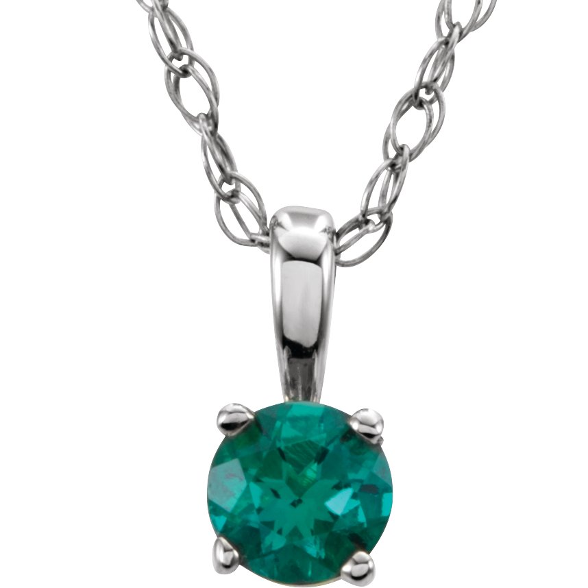 14K White 3 mm Natural Emerald Youth Solitaire 14" Necklace
