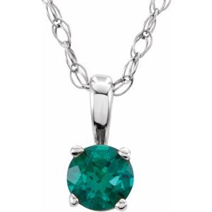 14K White 3 mm Lab-Grown Emerald Youth Solitaire 14" Necklace