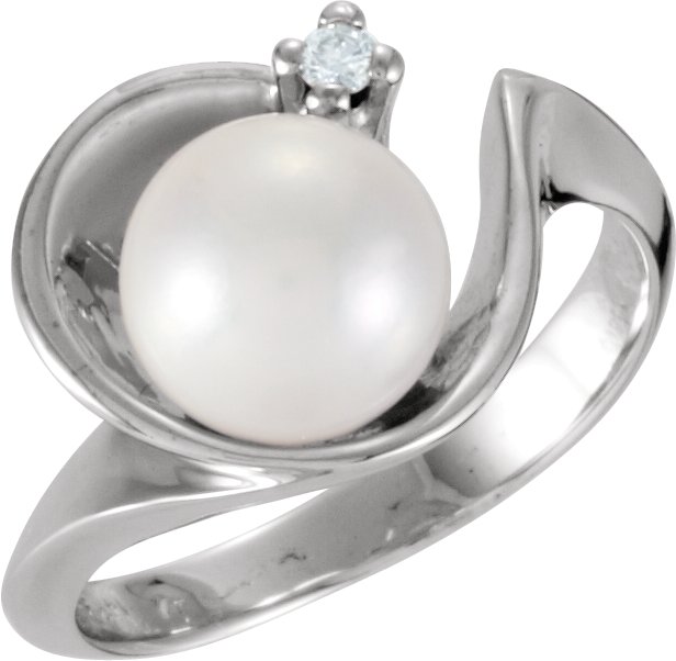 Cultured White Akoya Pearl And .03 Ct Natural Diamond Ring – 14K White Gold