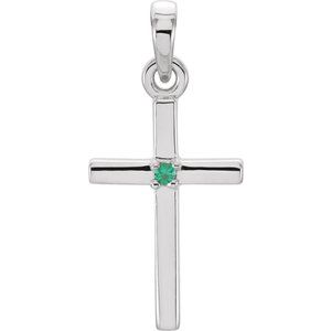14K White Natural Emerald Cross Pendant