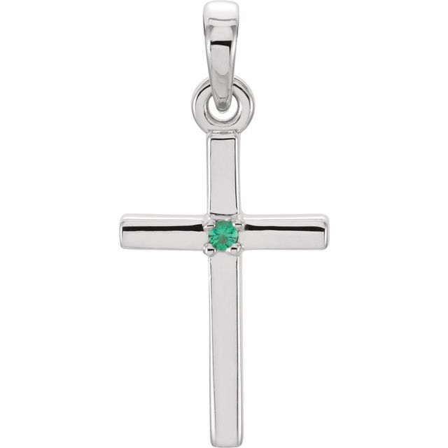 14K White 19.2x9 mm Natural Emerald Cross Pendant