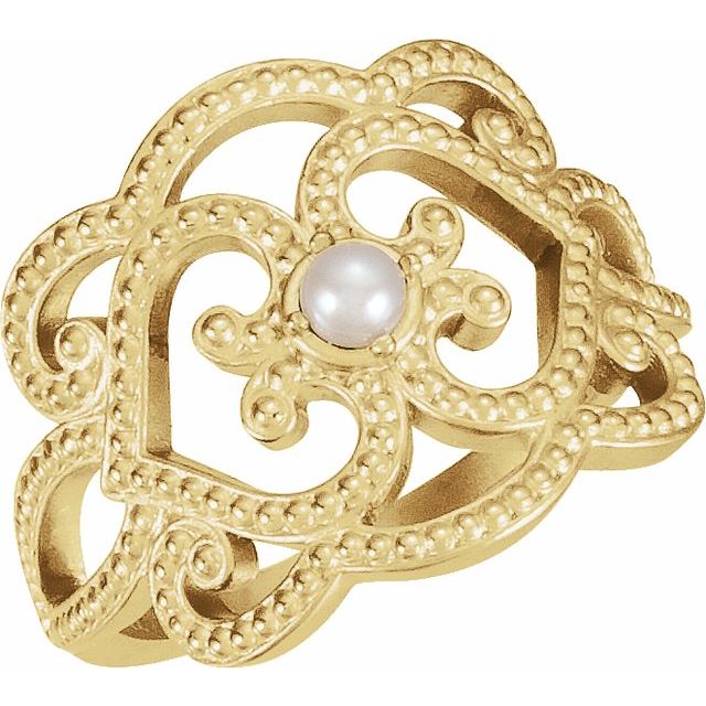 14K Yellow Cultured White Seed Pearl Granulated Ring