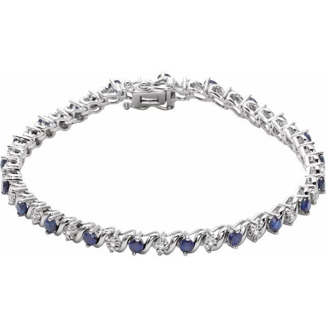 14K White Lab-Grown Blue Sapphire & 1/10 CTW Natural Diamond Line 7" Bracelet