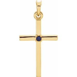 14K Yellow Natural Blue Sapphire Cross Pendant