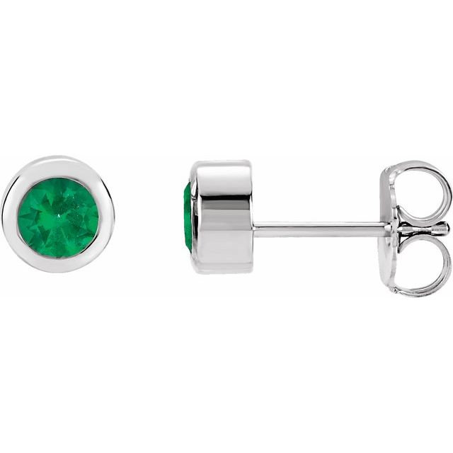 Rhodium-Plated Sterling Silver 4 mm Round Imitation Emerald Birthstone Earrings