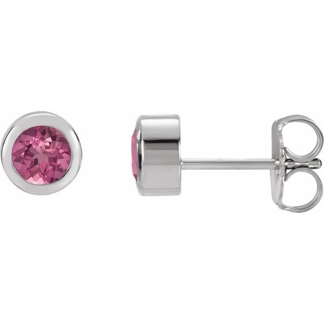 Rhodium-Plated Sterling Silver 4 mm Round Imitation Pink Tourmaline Birthstone Earrings