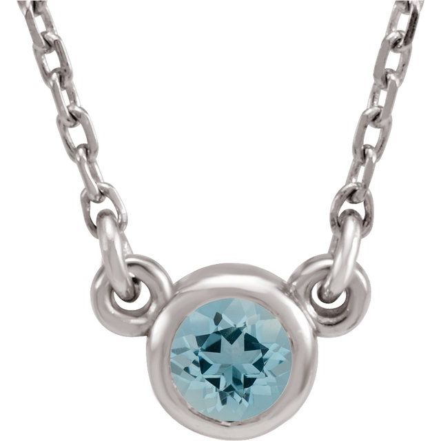Rhodium-Plated Sterling Silver 4 mm Round Imitation Aquamarine Solitaire 16" Necklace