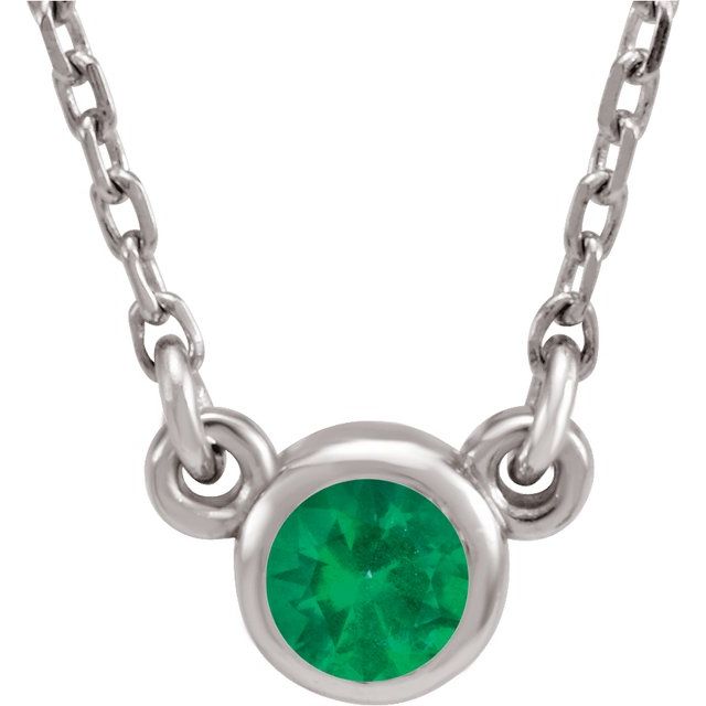 14K White 4 mm Round Lab-Grown Emerald Solitaire 16 Necklace