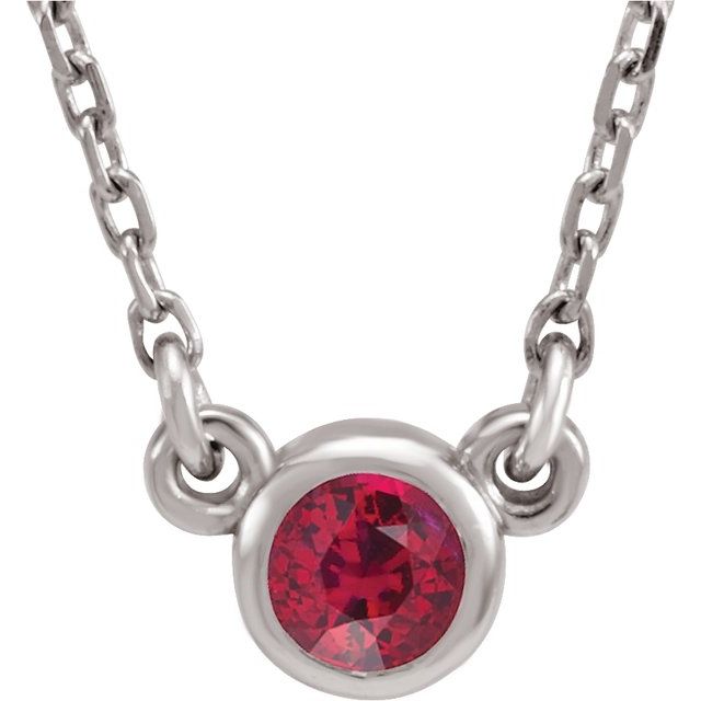 Rhodium-Plated Sterling Silver 3 mm Round Imitation Ruby Solitaire 16" Necklace